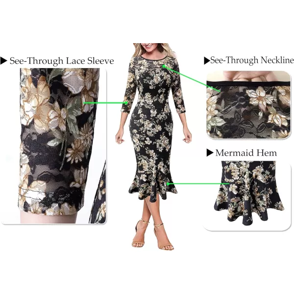 VFSHOW Womens Elegant Vintage Cocktail Party Mermaid Bodycon Midi MidCalf DressBlack Lace Yellow Floral Print2