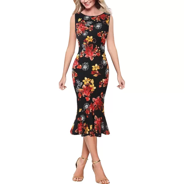 VFSHOW Womens Elegant Vintage Cocktail Party Mermaid Bodycon Midi MidCalf DressBlack and Multi Floral Print2