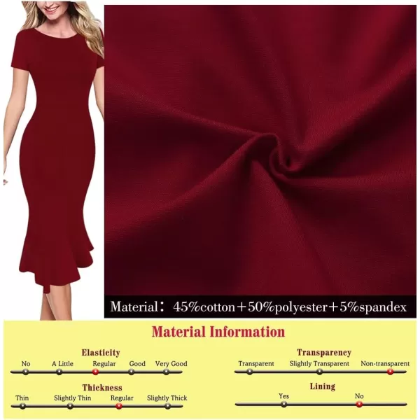 VFSHOW Womens Elegant Vintage Cocktail Party Mermaid Bodycon Midi MidCalf DressDark Red Short Sleeve