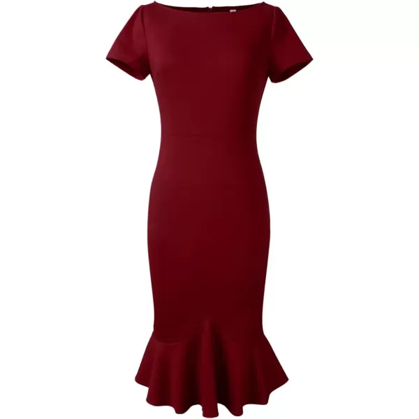 VFSHOW Womens Elegant Vintage Cocktail Party Mermaid Bodycon Midi MidCalf DressDark Red Short Sleeve