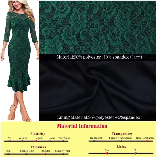 VFSHOW Womens Elegant Vintage Cocktail Party Mermaid Bodycon Midi MidCalf DressGreen Lace 34 Sleeve