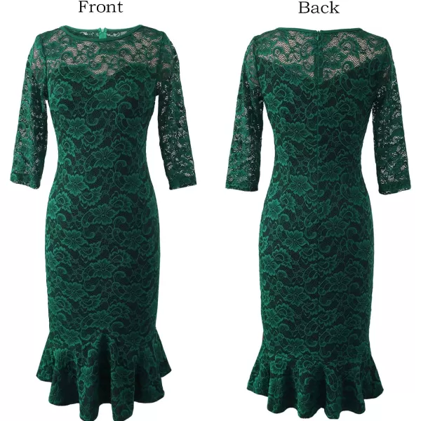 VFSHOW Womens Elegant Vintage Cocktail Party Mermaid Bodycon Midi MidCalf DressGreen Lace 34 Sleeve