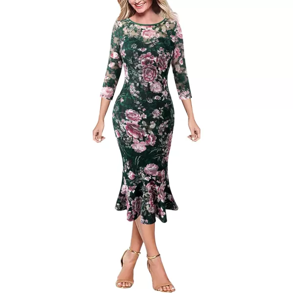 VFSHOW Womens Elegant Vintage Cocktail Party Mermaid Bodycon Midi MidCalf DressGreen Lace Multi Floral Print3