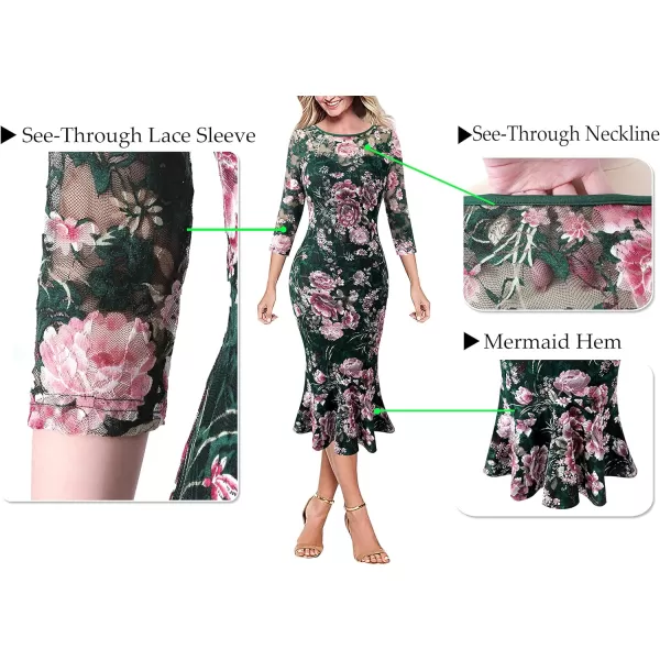 VFSHOW Womens Elegant Vintage Cocktail Party Mermaid Bodycon Midi MidCalf DressGreen Lace Multi Floral Print3