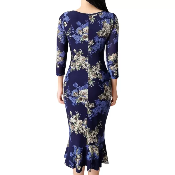 VFSHOW Womens Elegant Vintage Cocktail Party Mermaid Bodycon Midi MidCalf DressNavy Blue Multi Floral Print2