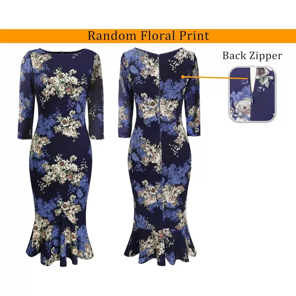 VFSHOW Womens Elegant Vintage Cocktail Party Mermaid Bodycon Midi MidCalf DressNavy Blue Multi Floral Print2