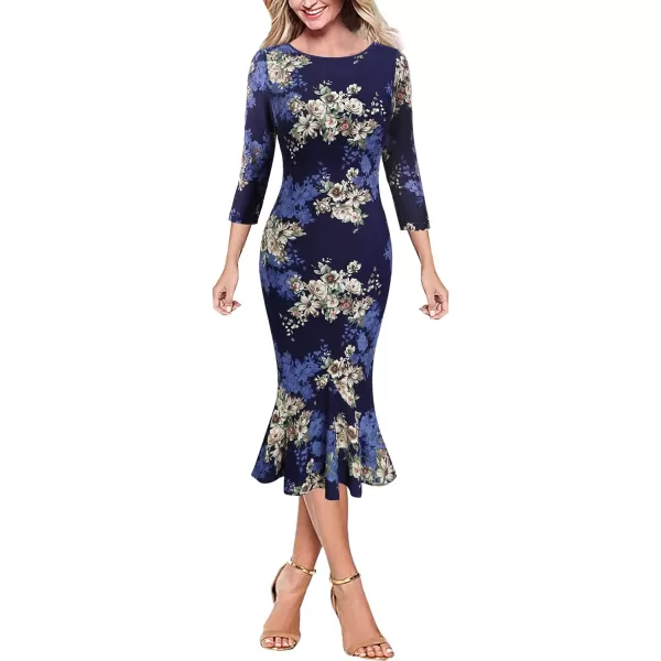 VFSHOW Womens Elegant Vintage Cocktail Party Mermaid Bodycon Midi MidCalf DressNavy Blue Multi Floral Print2