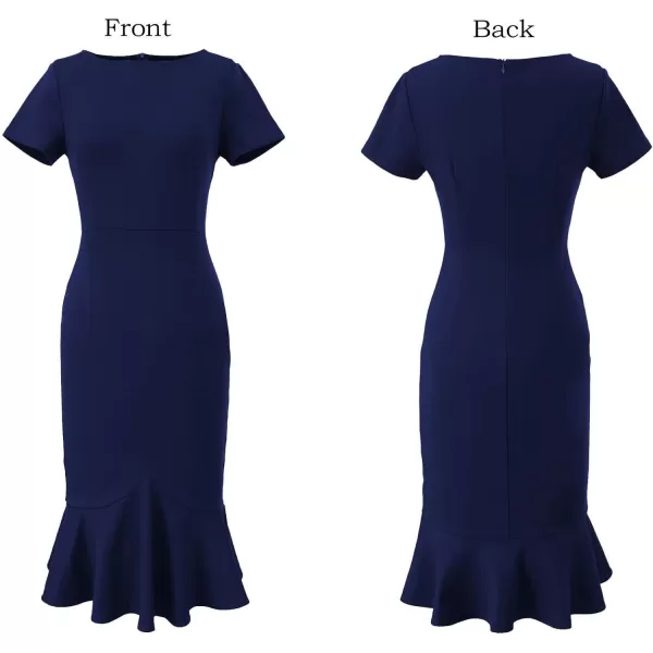 VFSHOW Womens Elegant Vintage Cocktail Party Mermaid Bodycon Midi MidCalf DressNavy Blue Short Sleeve