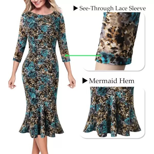 VFSHOW Womens Elegant Vintage Cocktail Party Mermaid Bodycon Midi MidCalf DressTurquoise and Leopard Floral Print Lace