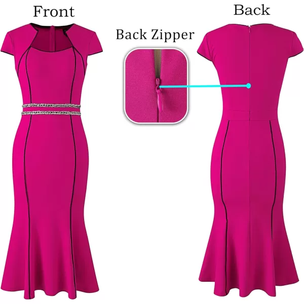 VFSHOW Womens Elegant Vintage Square Neck 2023 Cocktail Mermaid Midi Dress Slim Business Office Party Bodycon MidCalf DressHot Pink With Tweed Trim