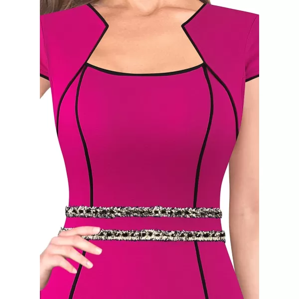 VFSHOW Womens Elegant Vintage Square Neck 2023 Cocktail Mermaid Midi Dress Slim Business Office Party Bodycon MidCalf DressHot Pink With Tweed Trim