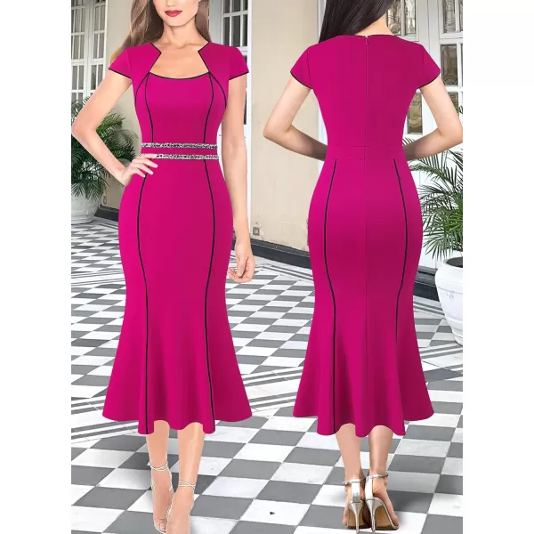 VFSHOW Womens Elegant Vintage Square Neck 2023 Cocktail Mermaid Midi Dress Slim Business Office Party Bodycon MidCalf DressHot Pink With Tweed Trim