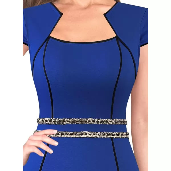 VFSHOW Womens Elegant Vintage Square Neck 2023 Cocktail Mermaid Midi Dress Slim Business Office Party Bodycon MidCalf DressRoyal Blue With Tweed Trim