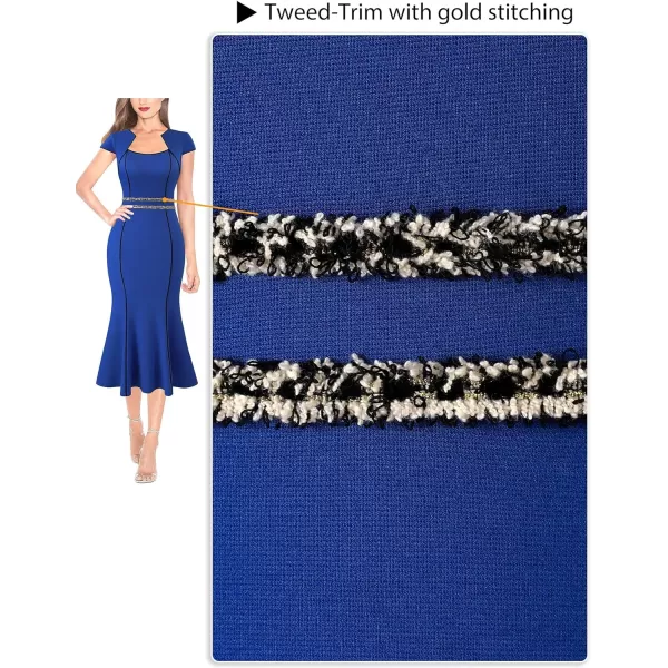 VFSHOW Womens Elegant Vintage Square Neck 2023 Cocktail Mermaid Midi Dress Slim Business Office Party Bodycon MidCalf DressRoyal Blue With Tweed Trim