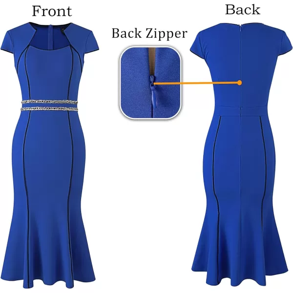 VFSHOW Womens Elegant Vintage Square Neck 2023 Cocktail Mermaid Midi Dress Slim Business Office Party Bodycon MidCalf DressRoyal Blue With Tweed Trim