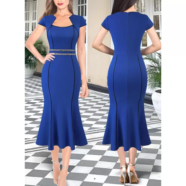 VFSHOW Womens Elegant Vintage Square Neck 2023 Cocktail Mermaid Midi Dress Slim Business Office Party Bodycon MidCalf DressRoyal Blue With Tweed Trim