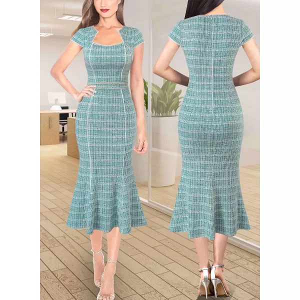 VFSHOW Womens Elegant Vintage Square Neck 2023 Cocktail Mermaid Midi Dress Slim Business Office Party Bodycon MidCalf DressTeal Green Tweed