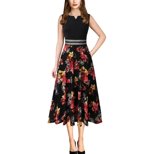 VFSHOW Womens Floral Applique Patchwork Pockets Work Casual Party ALine Midi DressBlack  Black Mesh Red Yellow Floral