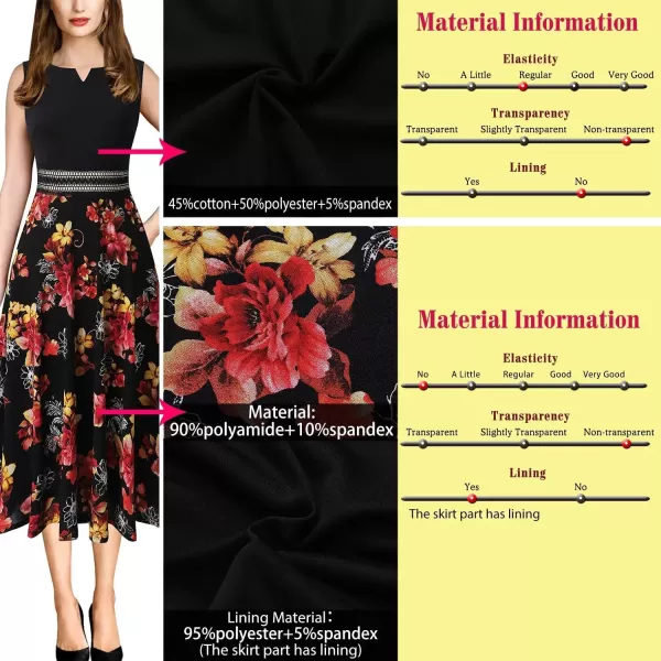 VFSHOW Womens Floral Applique Patchwork Pockets Work Casual Party ALine Midi DressBlack  Black Mesh Red Yellow Floral