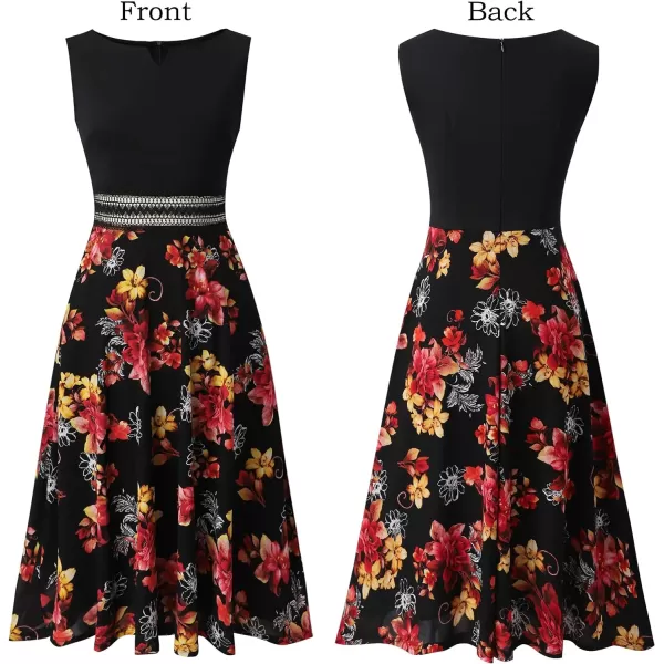 VFSHOW Womens Floral Applique Patchwork Pockets Work Casual Party ALine Midi DressBlack  Black Mesh Red Yellow Floral