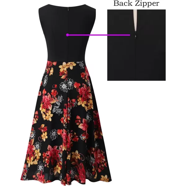 VFSHOW Womens Floral Applique Patchwork Pockets Work Casual Party ALine Midi DressBlack  Black Mesh Red Yellow Floral