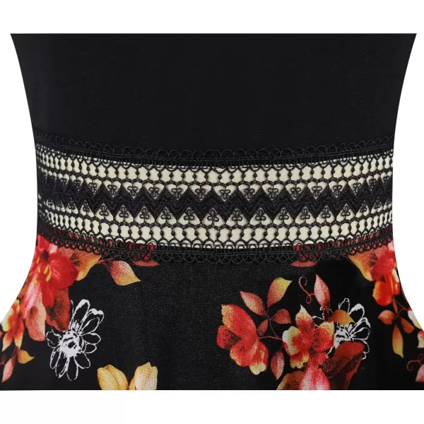 VFSHOW Womens Floral Applique Patchwork Pockets Work Casual Party ALine Midi DressBlack  Black Mesh Red Yellow Floral