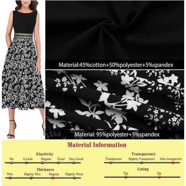 VFSHOW Womens Floral Applique Patchwork Pockets Work Casual Party ALine Midi DressBlack  Black White Floral Print5