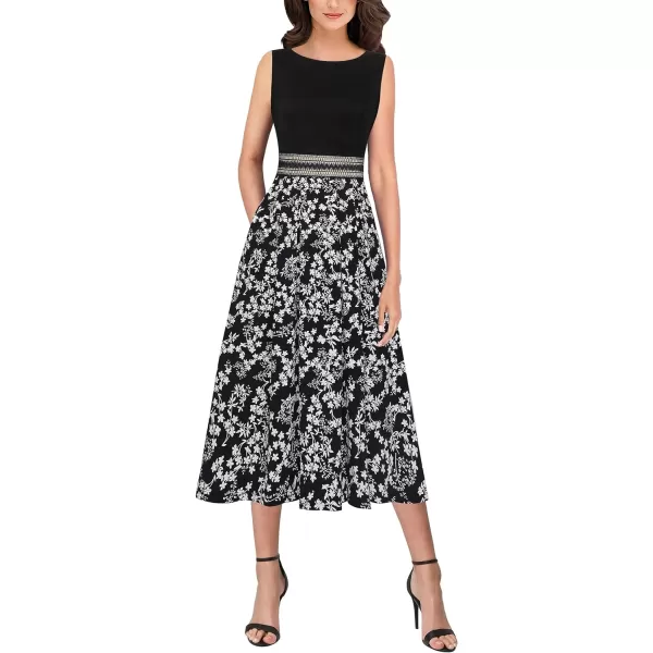 VFSHOW Womens Floral Applique Patchwork Pockets Work Casual Party ALine Midi DressBlack  Black White Floral Print5