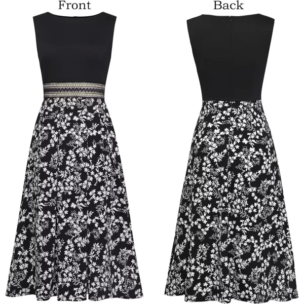 VFSHOW Womens Floral Applique Patchwork Pockets Work Casual Party ALine Midi DressBlack  Black White Floral Print5