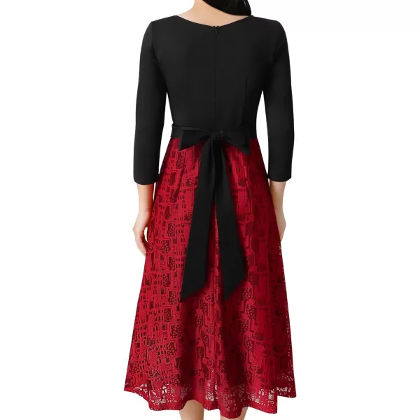 VFSHOW Womens Floral Applique Patchwork Pockets Work Casual Party ALine Midi DressBlack  Red Graphic Lace