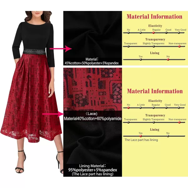 VFSHOW Womens Floral Applique Patchwork Pockets Work Casual Party ALine Midi DressBlack  Red Graphic Lace