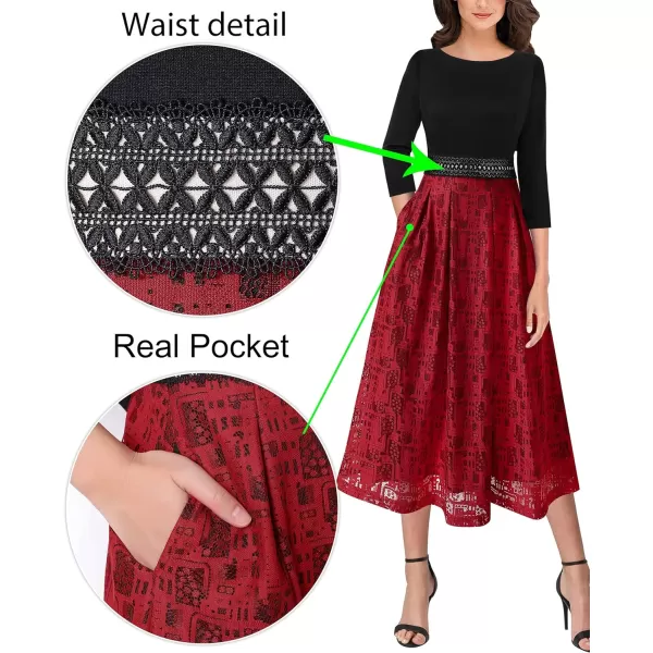 VFSHOW Womens Floral Applique Patchwork Pockets Work Casual Party ALine Midi DressBlack  Red Graphic Lace