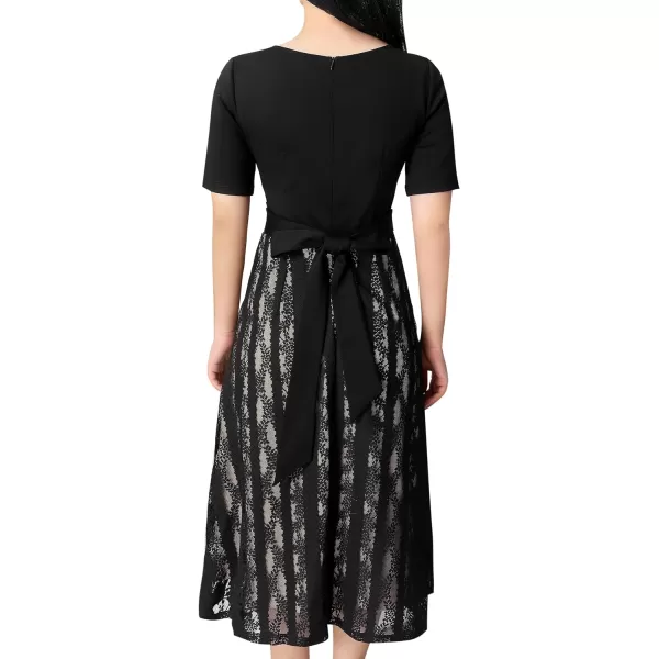 VFSHOW Womens Floral Applique Patchwork Pockets Work Casual Party ALine Midi DressBlack and Floral Lace