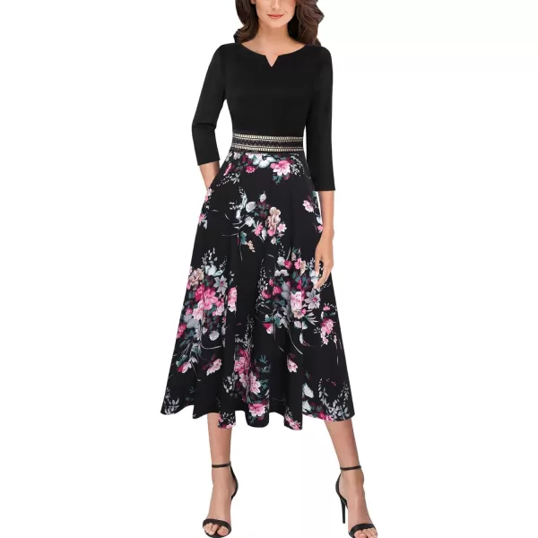 VFSHOW Womens Floral Applique Patchwork Pockets Work Casual Party ALine Midi DressBlackmulti Floral Printnotch Neck3