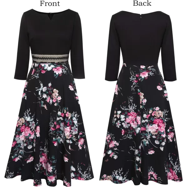 VFSHOW Womens Floral Applique Patchwork Pockets Work Casual Party ALine Midi DressBlackmulti Floral Printnotch Neck3