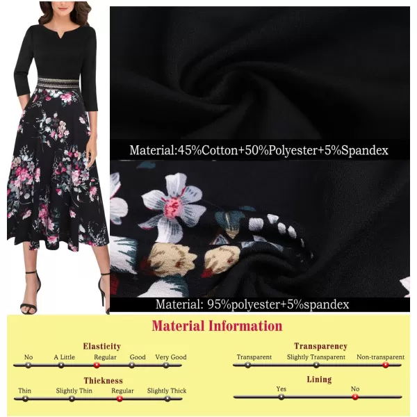 VFSHOW Womens Floral Applique Patchwork Pockets Work Casual Party ALine Midi DressBlackmulti Floral Printnotch Neck3