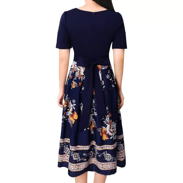 VFSHOW Womens Floral Applique Patchwork Pockets Work Casual Party ALine Midi DressNavy and Multi Floral Print6