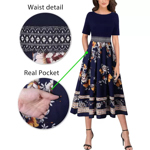 VFSHOW Womens Floral Applique Patchwork Pockets Work Casual Party ALine Midi DressNavy and Multi Floral Print6