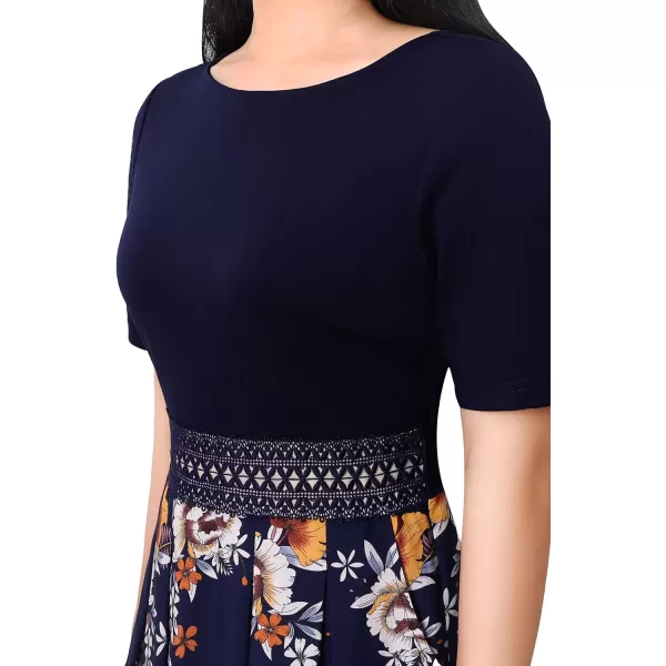 VFSHOW Womens Floral Applique Patchwork Pockets Work Casual Party ALine Midi DressNavy and Multi Floral Print6