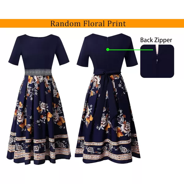 VFSHOW Womens Floral Applique Patchwork Pockets Work Casual Party ALine Midi DressNavy and Multi Floral Print6