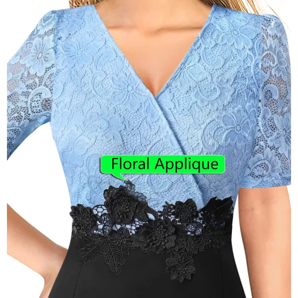 VFSHOW Womens Floral Lace Applique Waist V Neck Colorblock Cocktail Bodycon DressBaby Blue Floral Lace  Black