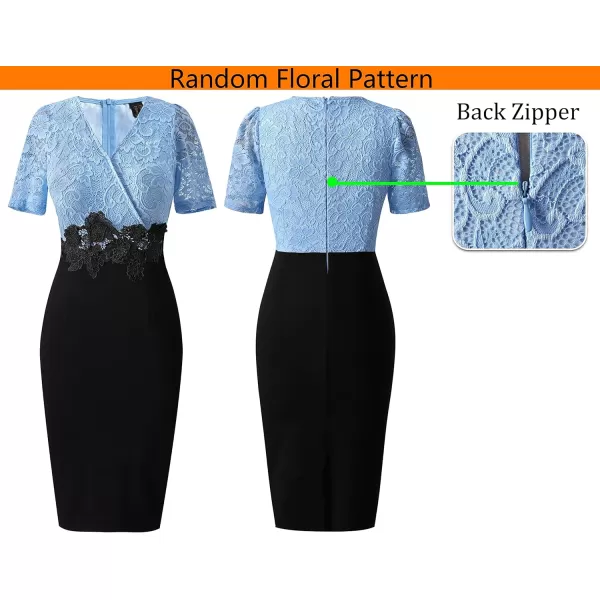 VFSHOW Womens Floral Lace Applique Waist V Neck Colorblock Cocktail Bodycon DressBaby Blue Floral Lace  Black