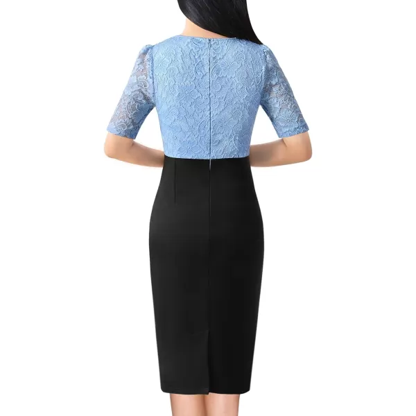 VFSHOW Womens Floral Lace Applique Waist V Neck Colorblock Cocktail Bodycon DressBaby Blue Floral Lace  Black