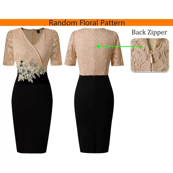 VFSHOW Womens Floral Lace Applique Waist V Neck Colorblock Cocktail Bodycon DressBlack  Beige Floral Lace