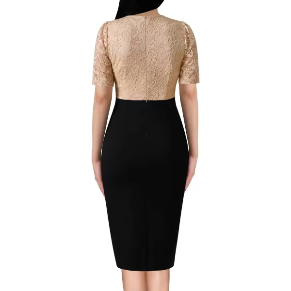 VFSHOW Womens Floral Lace Applique Waist V Neck Colorblock Cocktail Bodycon DressBlack  Beige Floral Lace