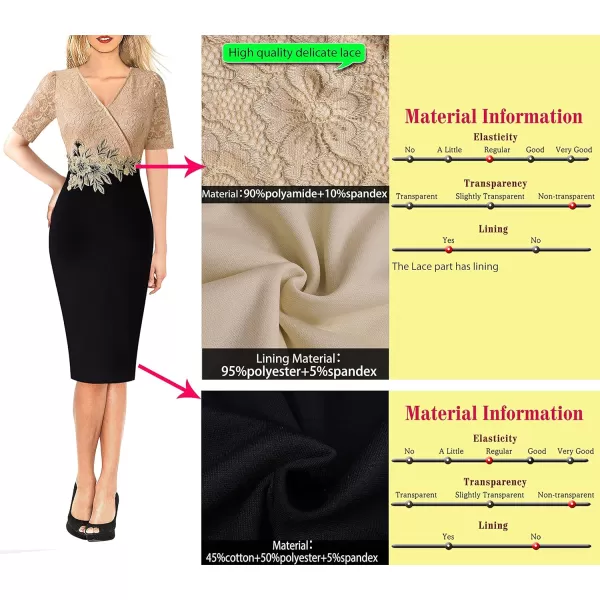 VFSHOW Womens Floral Lace Applique Waist V Neck Colorblock Cocktail Bodycon DressBlack  Beige Floral Lace