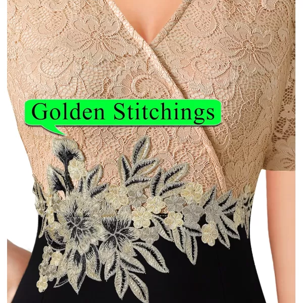 VFSHOW Womens Floral Lace Applique Waist V Neck Colorblock Cocktail Bodycon DressBlack  Beige Floral Lace