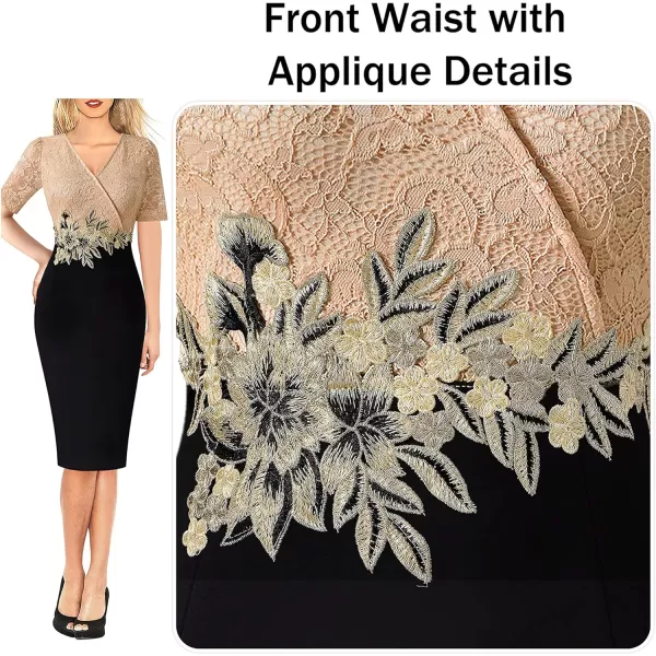 VFSHOW Womens Floral Lace Applique Waist V Neck Colorblock Cocktail Bodycon DressBlack  Beige Floral Lace