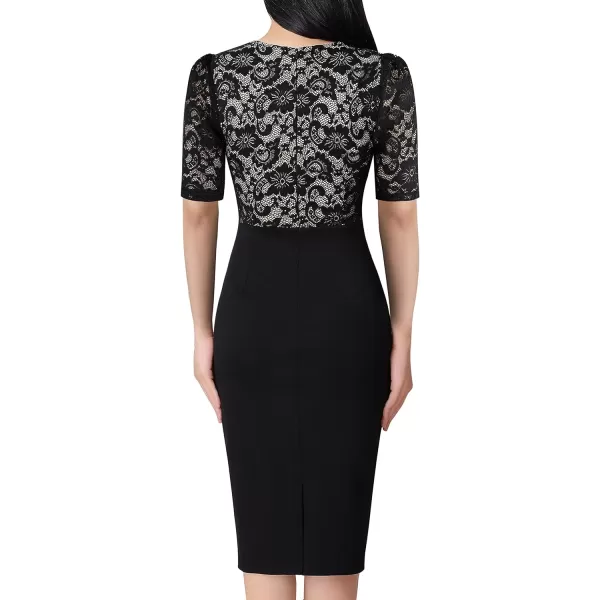 VFSHOW Womens Floral Lace Applique Waist V Neck Colorblock Cocktail Bodycon DressBlack  Floral Lace