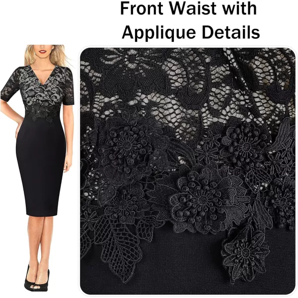 VFSHOW Womens Floral Lace Applique Waist V Neck Colorblock Cocktail Bodycon DressBlack  Floral Lace